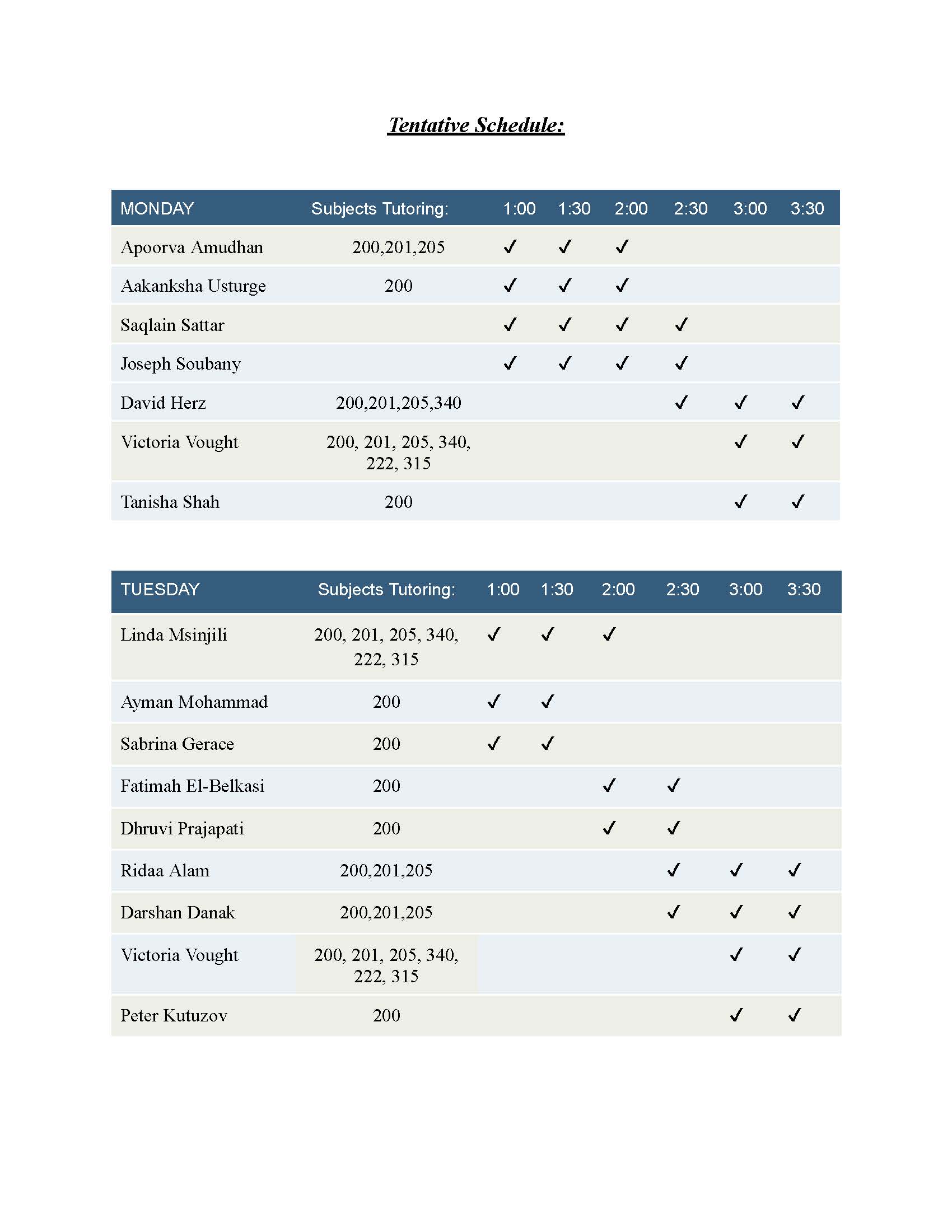 schedule of tutors